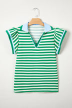 Blue Stripe Contrast Trim Polo Collar Ruffled Short Sleeve Blouse