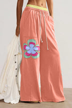 Grapefruit Orange Color Block Flower Patchwork Drawstring Contrasted Elastic Waist Wide Leg Pants