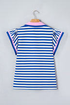 Blue Stripe Contrast Trim Polo Collar Ruffled Short Sleeve Blouse