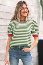 Brown Stripe Short Puff Sleeve Contrast Trim Round Neck Tee