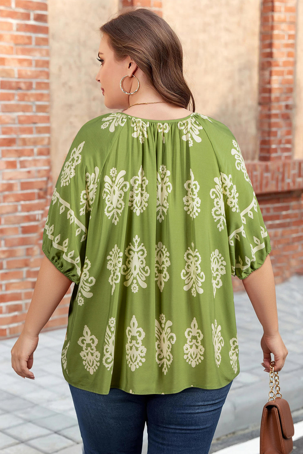 Black Boho Chic Notched V Neck Plus Floral Short Sleeve Top