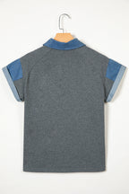 Carbon Grey Denim Color Block Patchwork Shirt Collar Short Sleeve Blouse