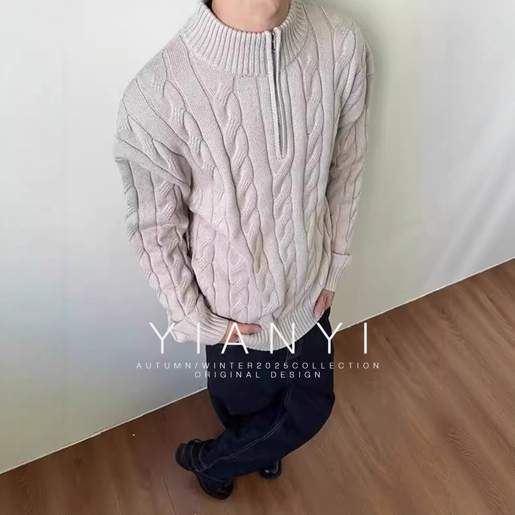 Men's Loose Fit Rich Man Hemp Pattern Coarse Knit Sweater