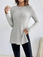 Women’s Grey Striped Slim Fit Knitted Sweater | Side Slit Autumn Winter Pullover