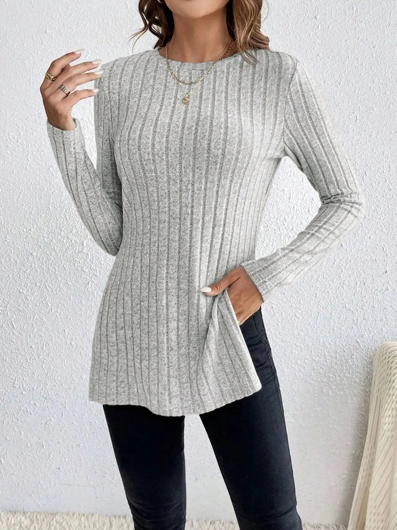Women’s Grey Striped Slim Fit Knitted Sweater | Side Slit Autumn Winter Pullover