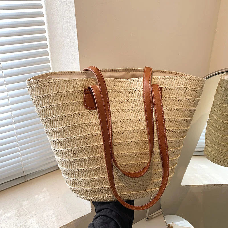 Large Straw Basket Bag Women Braided Clutch Top-Handle Summer Beach Tote Purse