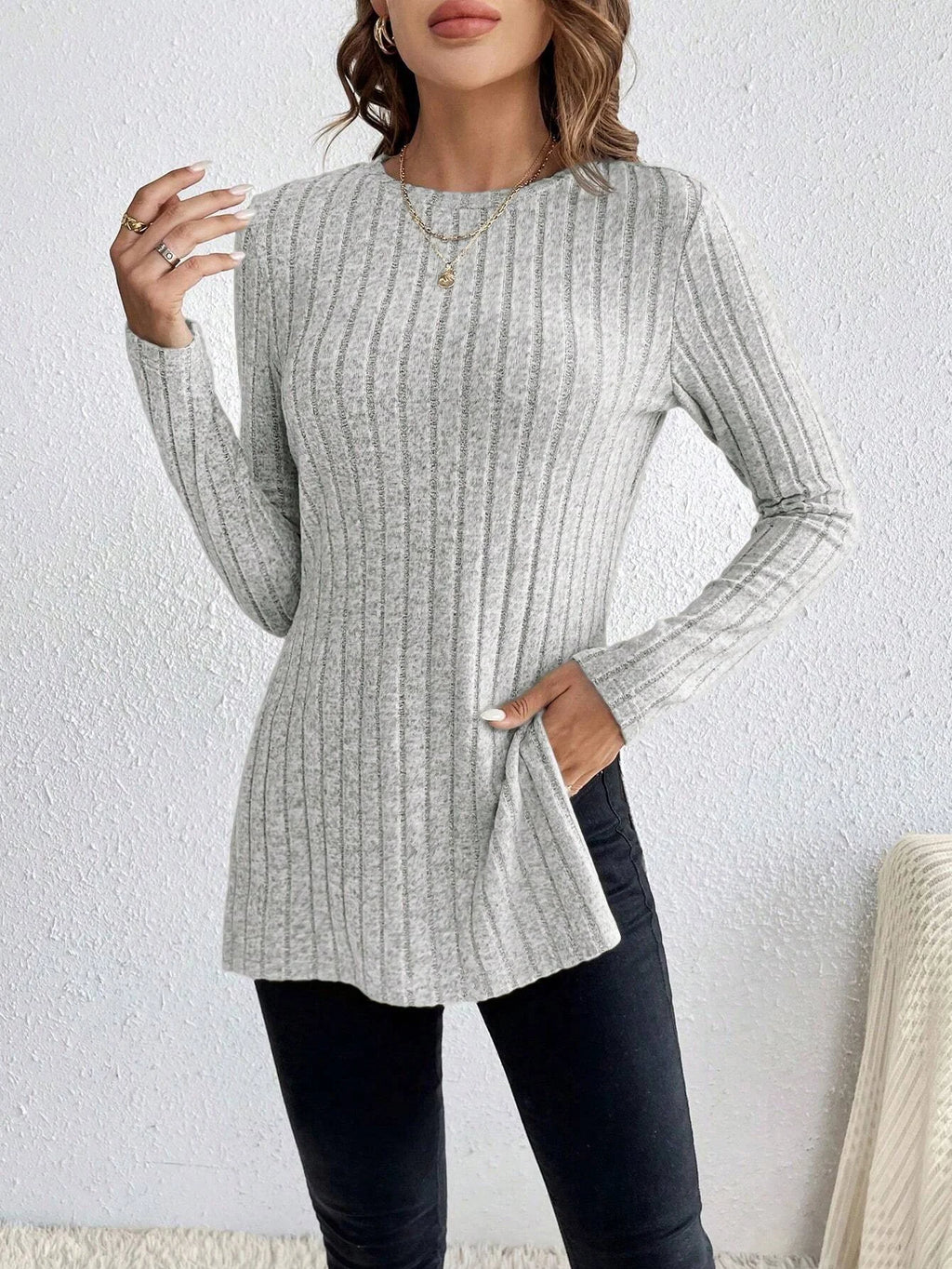 Women’s Grey Striped Slim Fit Knitted Sweater | Side Slit Autumn Winter Pullover