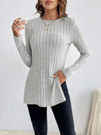 Women’s Grey Striped Slim Fit Knitted Sweater | Side Slit Autumn Winter Pullover