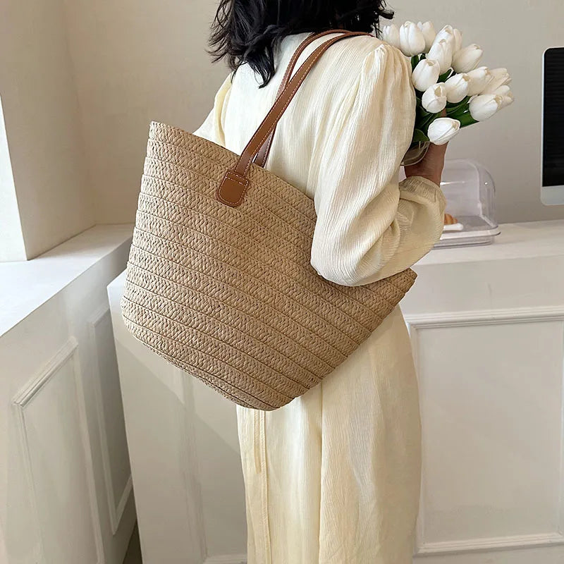 Large Straw Basket Bag Women Braided Clutch Top-Handle Summer Beach Tote Purse