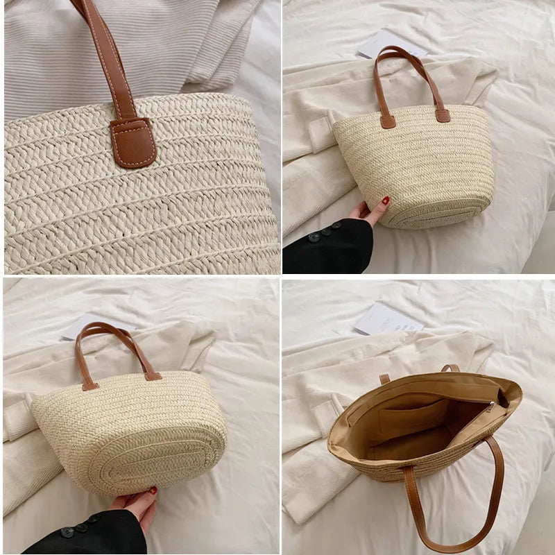 Large Straw Basket Bag Women Braided Clutch Top-Handle Summer Beach Tote Purse