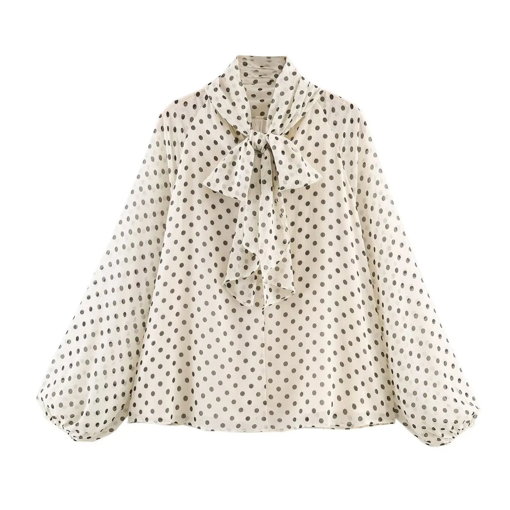 Chic Polka Dot Lace-Up Bow Blouse
