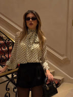 Chic Polka Dot Lace-Up Bow Blouse