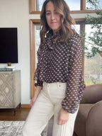 Chic Polka Dot Lace-Up Bow Blouse