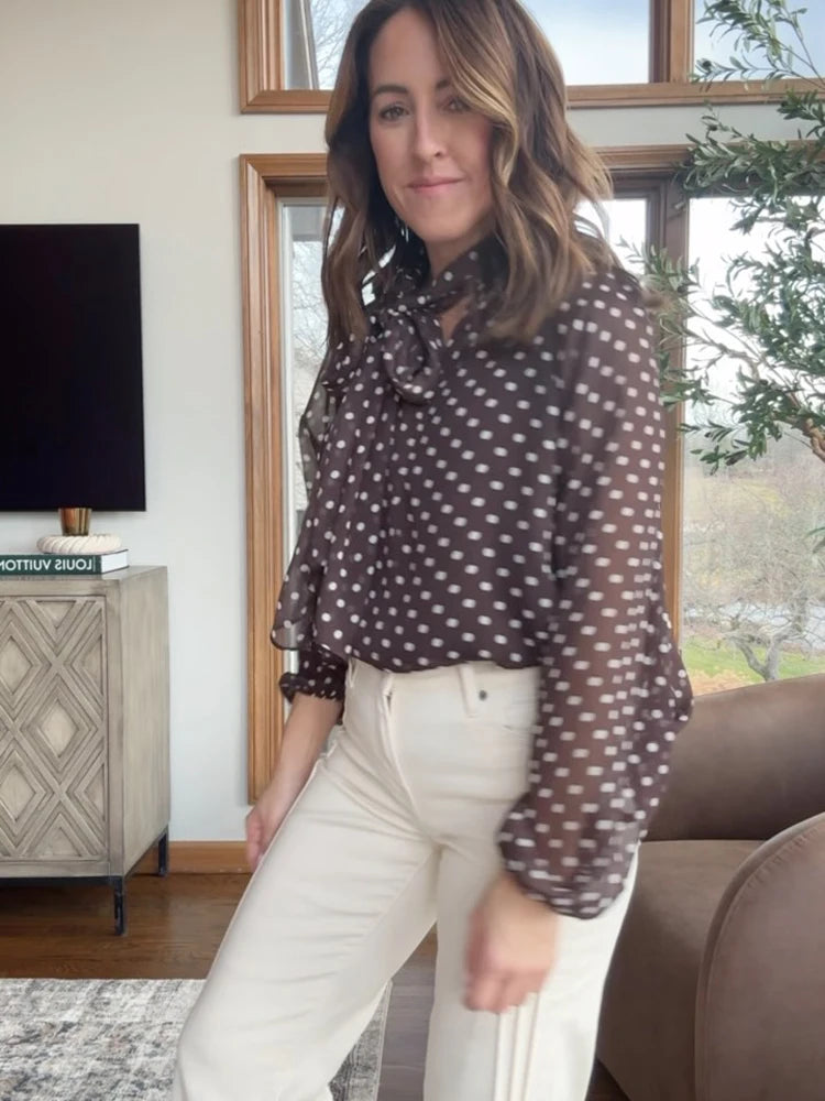 Chic Polka Dot Lace-Up Bow Blouse