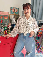 Chic Polka Dot Lace-Up Bow Blouse