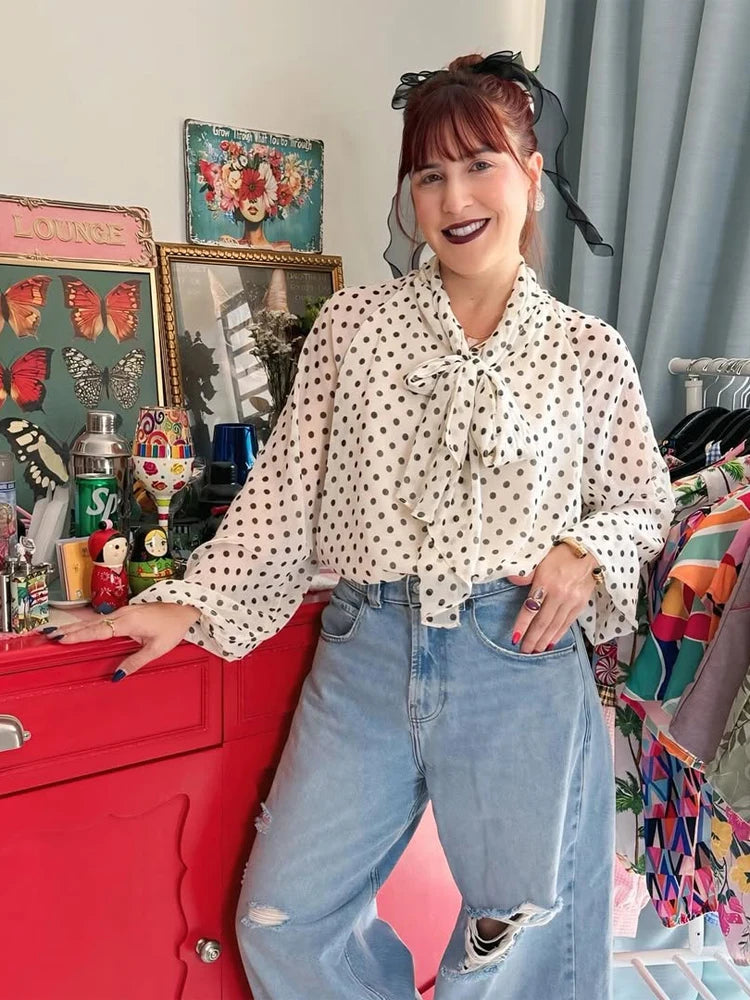 Chic Polka Dot Lace-Up Bow Blouse