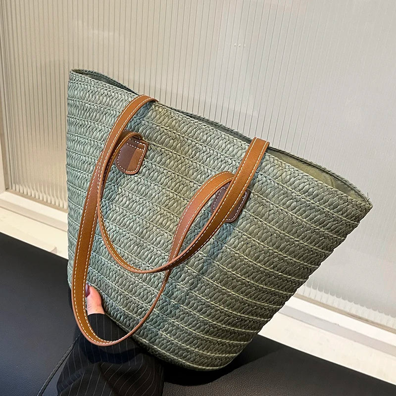 Large Straw Basket Bag Women Braided Clutch Top-Handle Summer Beach Tote Purse