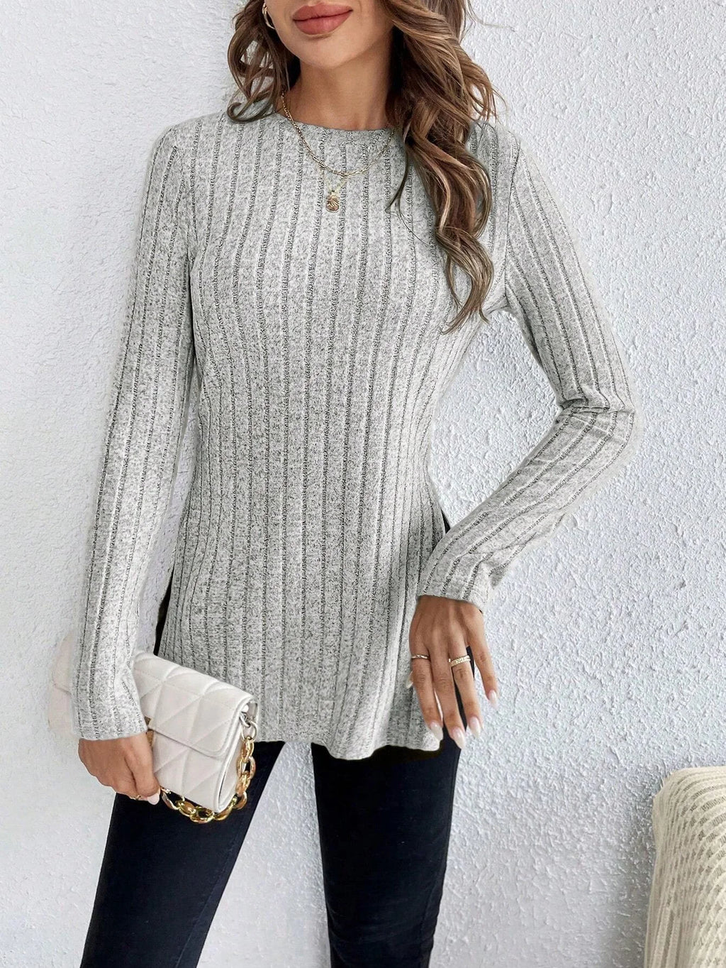 Women’s Grey Striped Slim Fit Knitted Sweater | Side Slit Autumn Winter Pullover