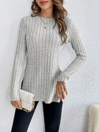Women’s Grey Striped Slim Fit Knitted Sweater | Side Slit Autumn Winter Pullover