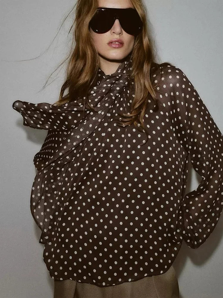 Chic Polka Dot Lace-Up Bow Blouse