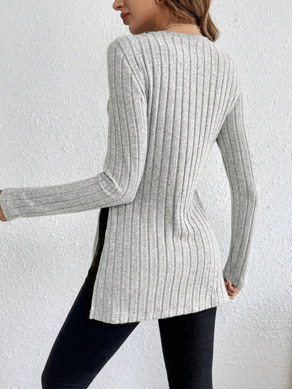 Women’s Grey Striped Slim Fit Knitted Sweater | Side Slit Autumn Winter Pullover