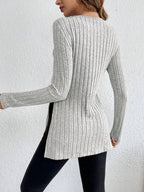 Women’s Grey Striped Slim Fit Knitted Sweater | Side Slit Autumn Winter Pullover