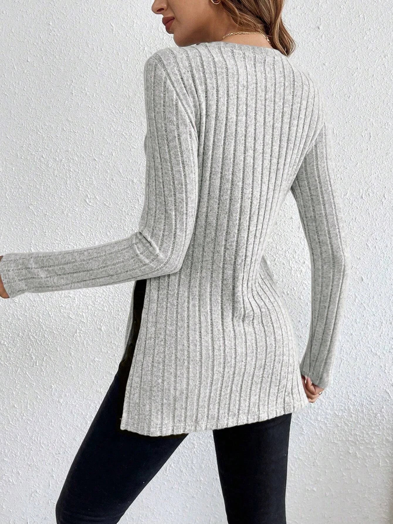 Women’s Grey Striped Slim Fit Knitted Sweater | Side Slit Autumn Winter Pullover