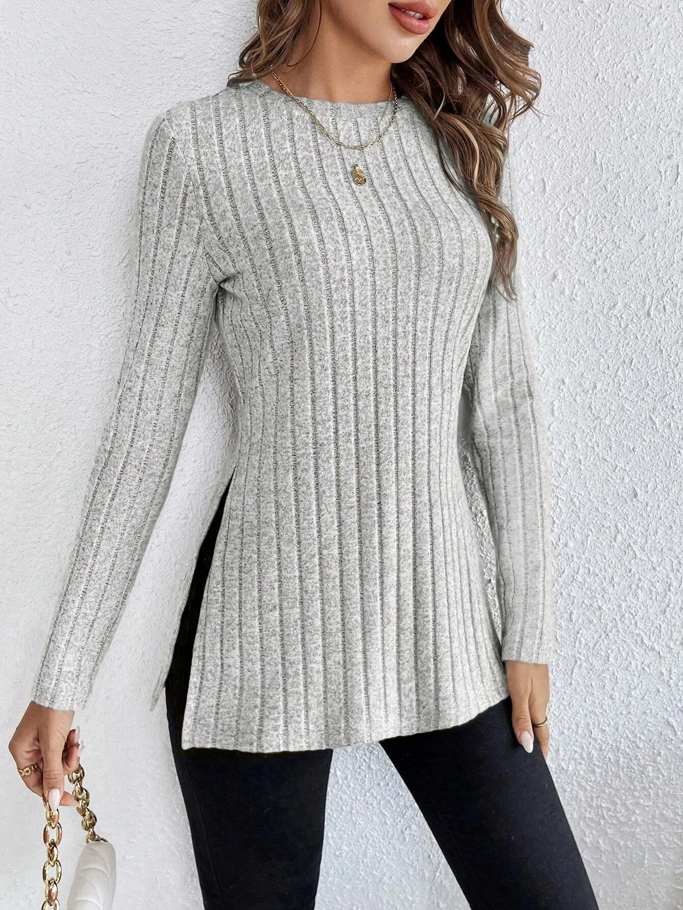 Women’s Grey Striped Slim Fit Knitted Sweater | Side Slit Autumn Winter Pullover