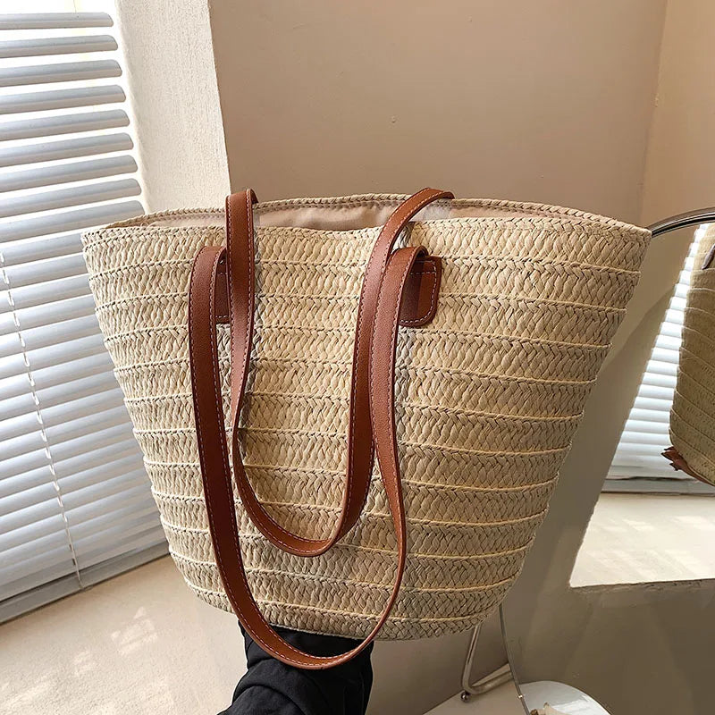 Large Straw Basket Bag Women Braided Clutch Top-Handle Summer Beach Tote Purse