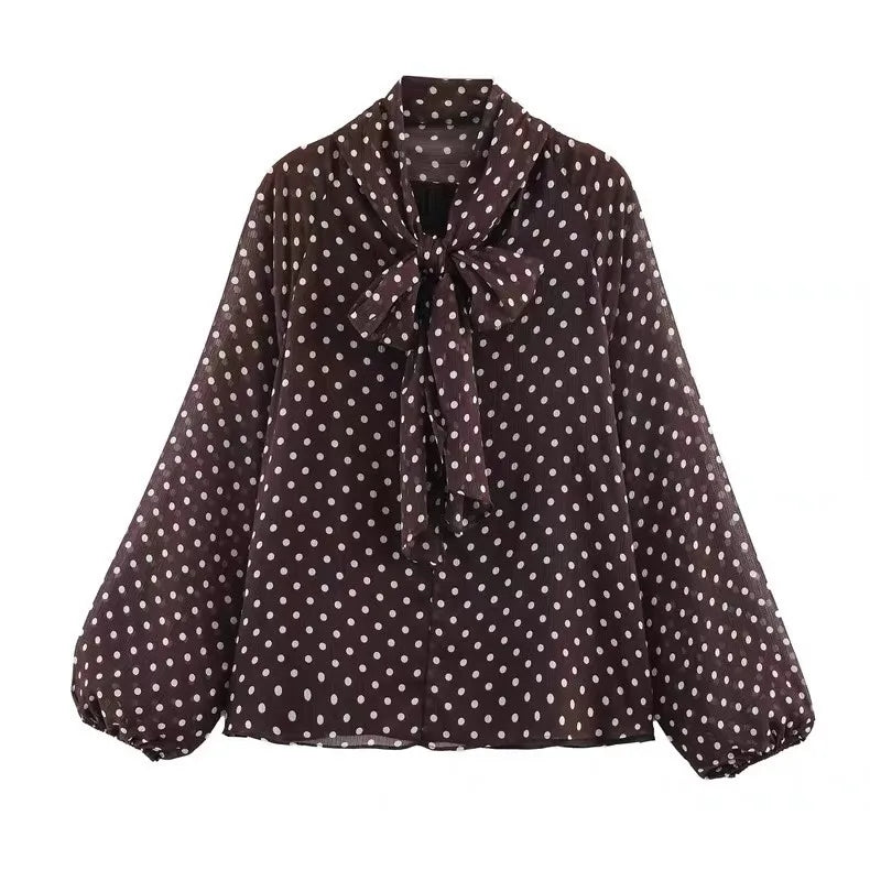 Chic Polka Dot Lace-Up Bow Blouse