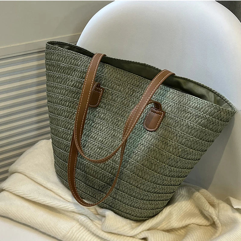 Large Straw Basket Bag Women Braided Clutch Top-Handle Summer Beach Tote Purse