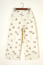 Beige Stylish Mallard Printed Cuffed Hem Shift Jeans