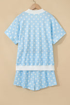 Green Polka Dot Print Color Block Trim Mock Neck Short Set