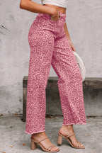 Brown Leopard Frayed Edge Wide Leg High Waist Jeans