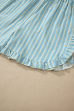 Sky Blue Stripe Elastic Waist Ruffle Trim Casual Shorts