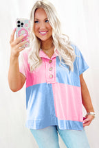 Pink Two Tone Half Buttons Collared T Shirt