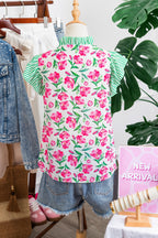 Multicolour Sweet Floral Print Striped Ruffle Trim V Neck Blouse