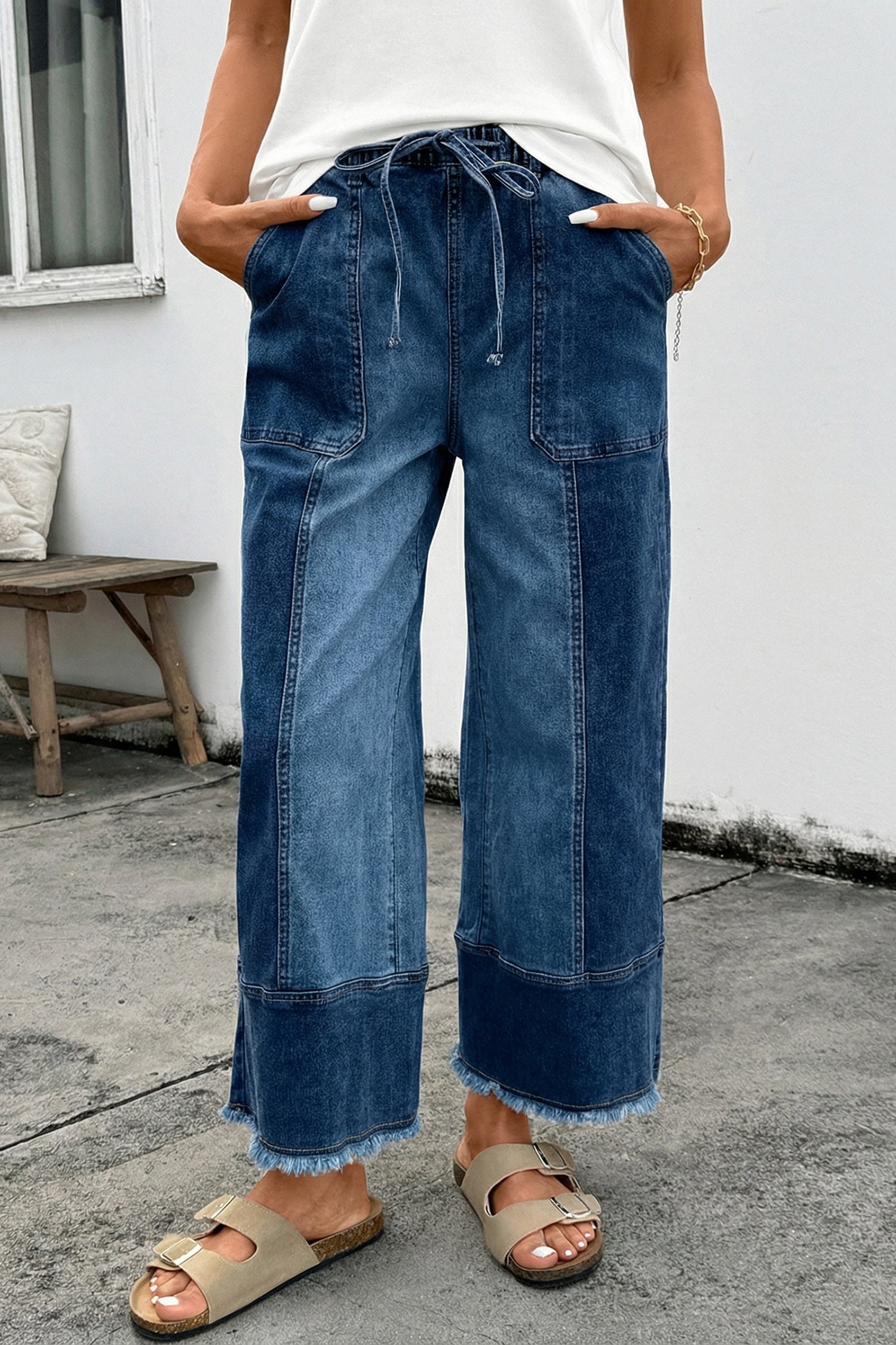 Gray Drawstring Seam Detail Raw Hem Wide Leg Denim Pants