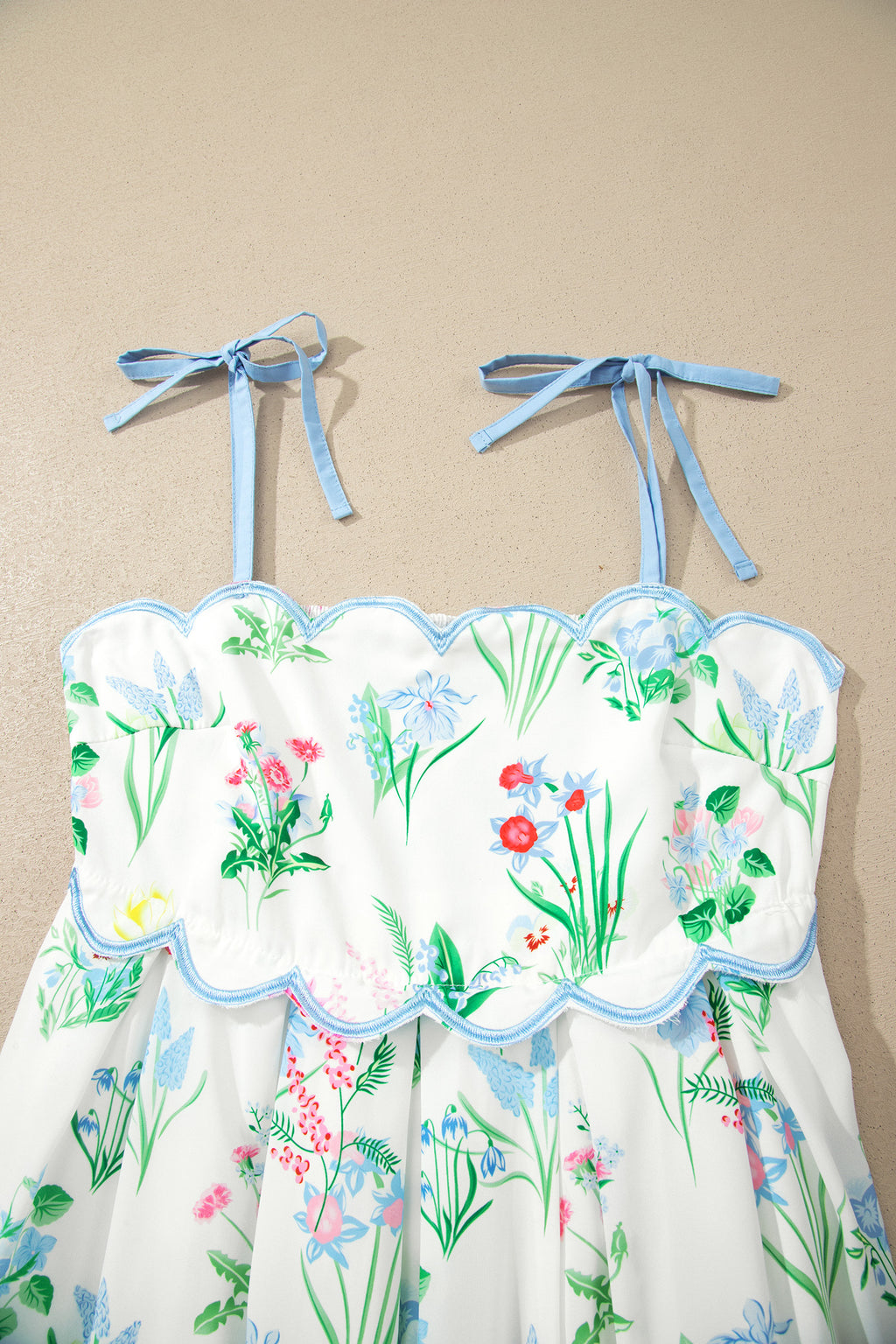 Beige Floral Print Contrast Trim Self-tie Straps High Waist Midi Dress