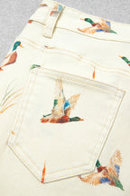 Beige Stylish Mallard Printed Cuffed Hem Shift Jeans