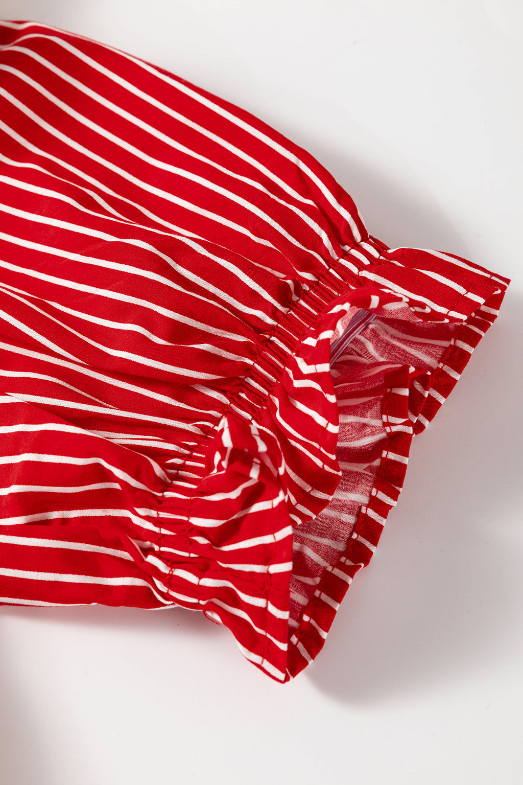 Red Stripe Ruffled Short Puff Sleeve Button Front Blouse