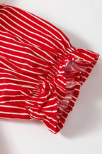 Red Stripe Ruffled Short Puff Sleeve Button Front Blouse