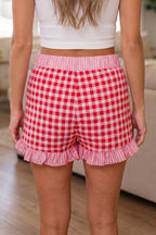 Sky Blue Gingham Print Ruffle Striped Detail Lace Tie Shorts