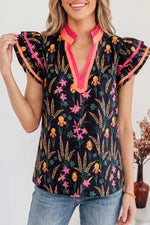 Black Floral Print Contrast Trim Tiered Ruffled Short Sleeve Blouse