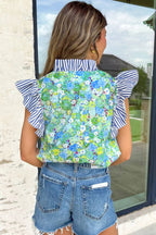 Green Floral Painting Print Striped Patchwork Flutter Sleeve V Neck Blouse