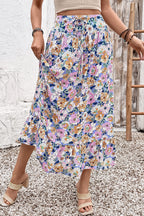 Pink Floral Print Lace-up High Waist Ruffle Hem Maxi Skirt