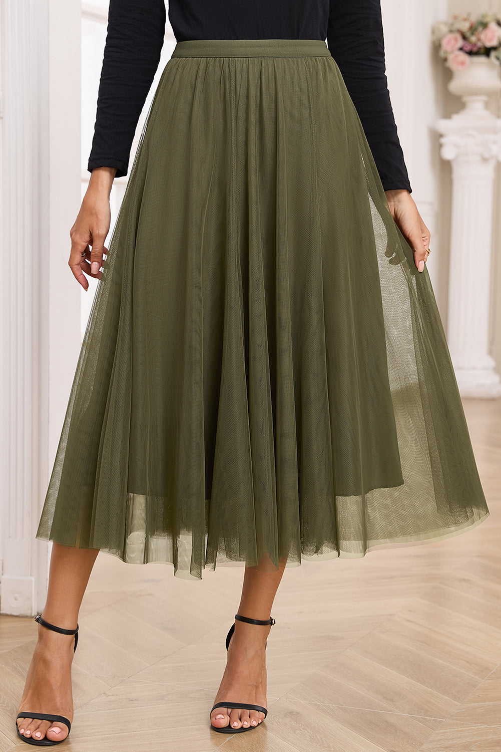 Apricot Tulle Mesh Overlay Flared Midi Skirt