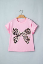Black Leopard Bow Embroidered Cotton Round Neck T Shirt