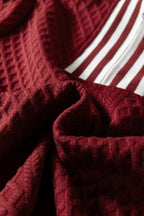 Racing Red Rhombus Textured Striped Patchwork Zip Neck Pullover Sweatshirt