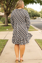 Apricot Geometric Print Collared V Neck Plus Size Mini Dress